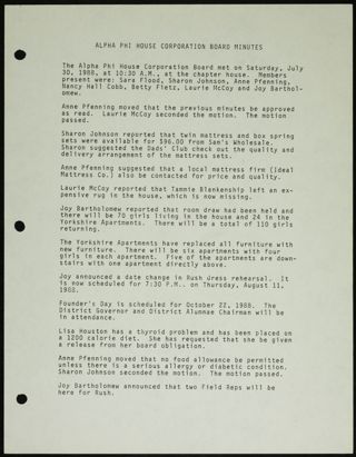 Alpha Phi House Corporation Board Minutes, July 30, 1988
