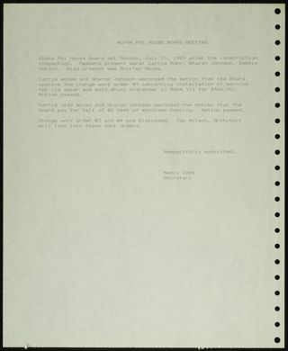 Alpha Phi House Board Meeting 1, July 10, 1989