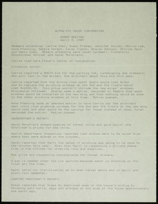 Alpha Phi House Corporation Board Meeting, April 3, 1989