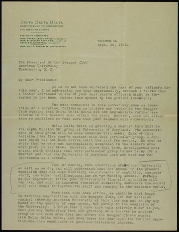 Pearl B. Bonisteel to President Letter, September 26, 1933