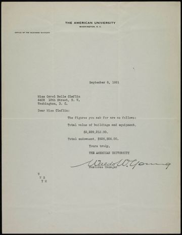 Waldo W. Young to Miss Claflin Letter, September 8, 1931