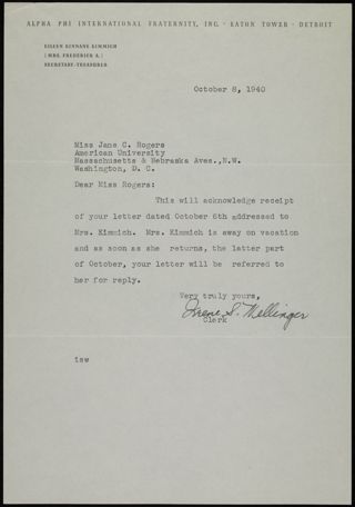 Irene S. Nellinger to Miss Rogers Letter, October 8, 1940