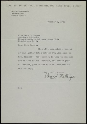Irene S. Nellinger to Miss Rogers Letter, October 8, 1940