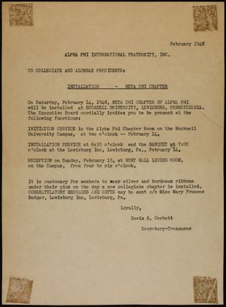 Doris R. Corbett to Collegiate and Alumnae Presidents Letter, February 1948