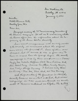 Margaret Foster to Director of Mileti Alumni Center, January 17, 1986