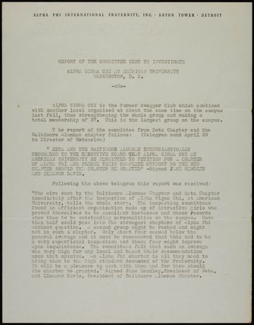 Report of the Committee Sent to Investigate Alpha Sigma Chi at American University, Washington, D.C., c. 1937
