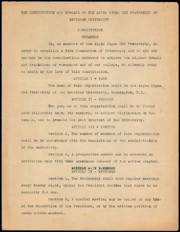 The Constitution and By-Laws of the Alpha Sigma Chi Fraternity of American University, c. 1930s