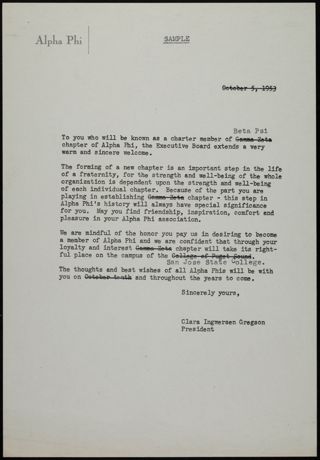 Clara Ingwersen Gregson to Beta Psi Charter Members Letter, October 5, 1953