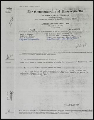 Zeta Theta Chapter House Corporation Articles of Organization Signed 1, c. 1982