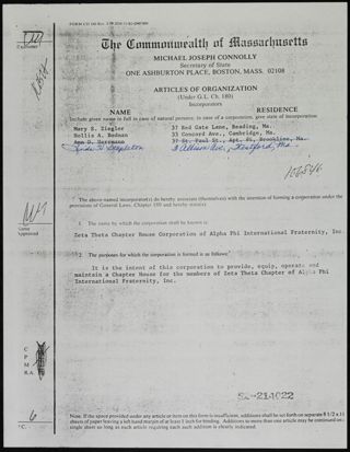 Zeta Theta Chapter House Corporation Articles of Organization Signed 2, c. 1982