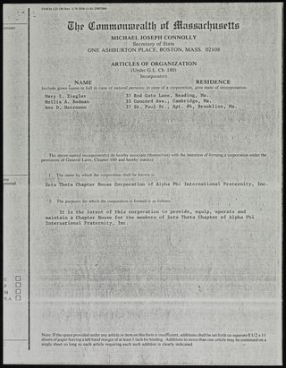 Zeta Theta Chapter House Corporation Articles of Organization, c. 1982