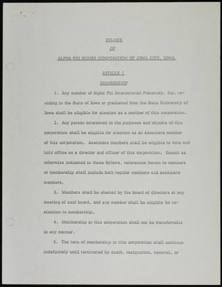 Bylaws of Alpha Phi House Corporation of Iowa City, Iowa, c. 1964