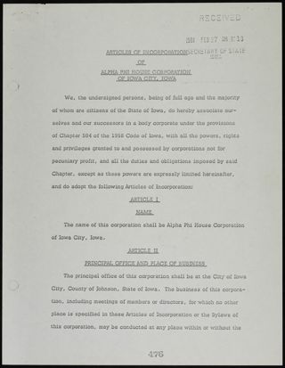Articles of Incorporation of Alpha Phi House Corporation of Iowa City, Iowa, February 28, 1961