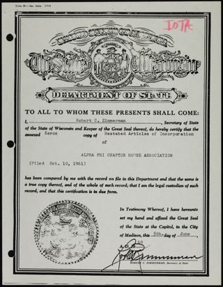 Alpha Phi Chapter House Association Restated Articles of Incorporation 2, October 9, 1961