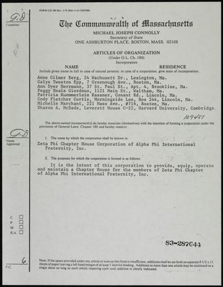 Zeta Phi Chapter House Corporation Articles of Organization
