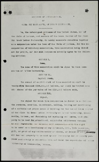 Articles of Incorporation of Alpha Phi Home Association of DePauw University, January 11, 1920