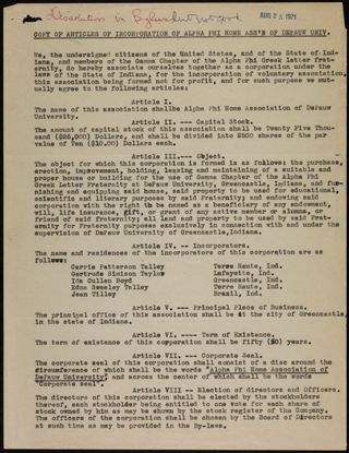 Copy of Articles of Incorporation of Alpha Phi Home Association of DePauw University 1, August 25, 1971