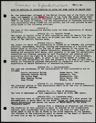 Copy of Articles of Incorporation of Alpha Phi Home Association of DePauw University 2, August 25, 1971