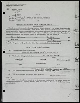 Articles of Reorganization of Alpha Phi Home Association of DePauw University, June 30, 1960