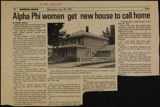 Alpha Phi Women Get New House to Call Home Newspaper Clipping, August 25, 1976