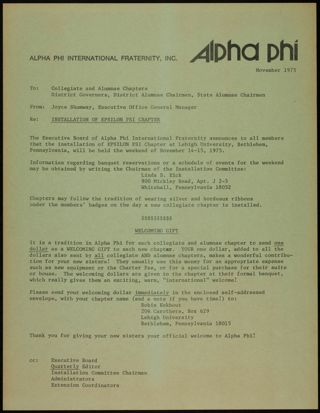 Joyce Shumway to Collegiate and Alumnae Chapters, District Governors, District Alumnae Chairmen, and State Alumnae Chairmen Memo, November 1975
