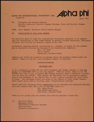 Joyce Shumway to Collegiate and Alumnae Chapters, District Governors, District Alumnae Chairmen, and State and Province Chairmen Memo 1, April 1976