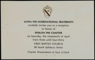 Epsilon Phi Chapter Charter Presentation Reception Invitation, April 19, 1975