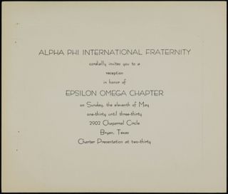 Epsilon Omega Chapter Charter Presentation Reception Invitation, May 11, 1975