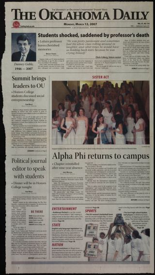 Alpha Phi Returns to Campus Newspaper Clipping, March 12, 2007