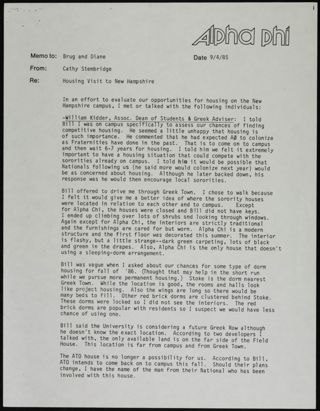 Cathy Stembridge to Brug and Diane Memo, September 4, 1985