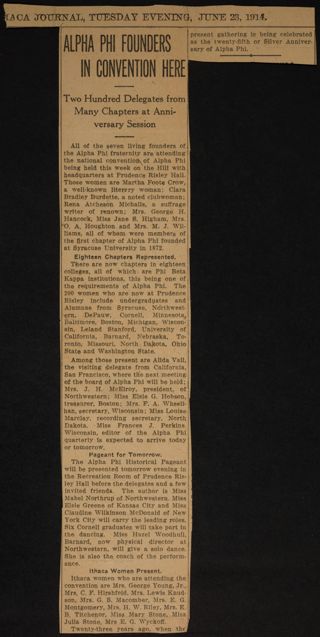 Alpha Phi Founders in Convention Here Newspaper Clipping, June 23, 1914