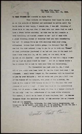 Martha Foote Crow to My Dear Friends and Sisters in Alpha Phi Letter, November 10, 1906
