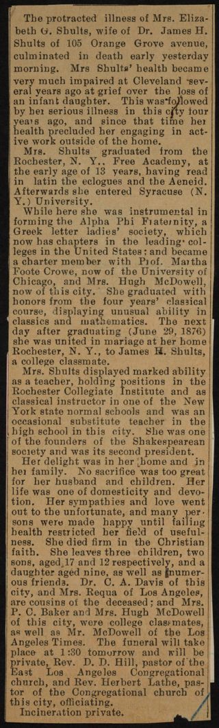 The Protracted Illness of Mrs. Elizabeth G. Shults... Newspaper Clipping, c. 1895