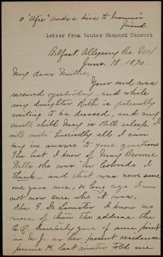 Louise Shepard Hancock to My Dear Mattie Letter, June 18, 1890