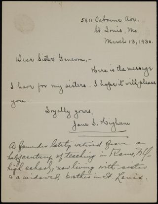 Jane S. Higham to Sister Genevra Note, March 13, 1930