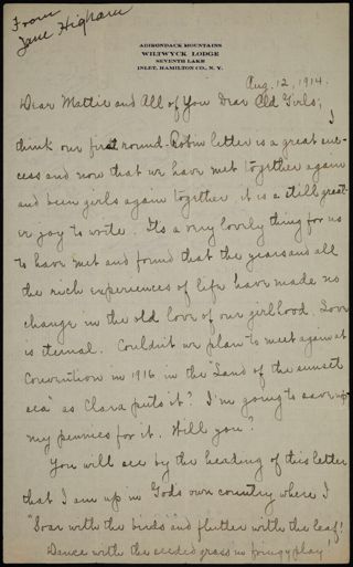 Jennie to Mattie and All of You Dear Old Girls Letter, August 12, 1914