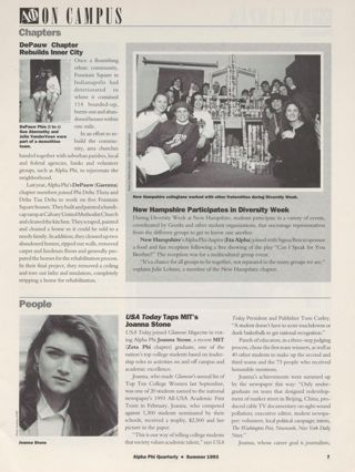On Campus: Chapters: DePauw Chapter Rebuilds Inner City. On Campus: Chapters: New Hampshire Participates in Diversity Week. On Campus: People, Summer 1993