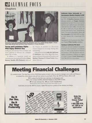 Alumnae Focus: Chapters, Summer 1993. Alpha Phi Visa Classic Advertisement, Summer 1993