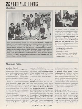 Alumnae Focus: Alumnae Pride: Springfield, Missouri, Summer 1993. Alumnae Focus: Alumnae Pride: Omaha, Nebraska, Summer 1993. Alumnae Focus: Alumnae Pride: Southwest Dallas, Texas, Summer 1993