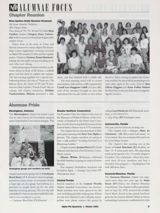 Alumnae Focus: Alumnae Pride: Birmingham, Alabama, Winter 1993; Alumnae Focus: Alumnae Pride: Greater Hartford, Connecticut, Winter 1993; Alumnae Focus: Alumnae Pride: Central Florida, Winter 1993; Alumnae Focus: Alumnae Pride: Jacksonville, Florida, Winter 1993; Alumnae Focus: Alumnae Pride: Sarasota-Manatee, Florida, Winter 1993; Alumnae Focus: Alumnae Pride: Greater Hartford, Connecticut, Winter 1993; Alumnae Focus: Alumnae Pride: Central Florida, Winter 1993; Alumnae Focus: Alumnae Pride: Jacksonville, Florida, Winter 1993; Alumnae Focus: Alumnae Pride: Sarasota-Manatee, Florida, Winter 1993