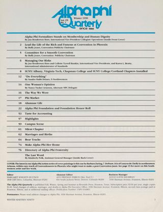 Alpha Phi Quarterly, Vol. CII, No. 1, Winter 1990 Table of Contents