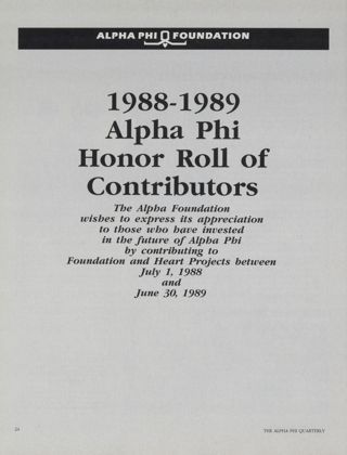 1988-1989 Alpha Phi Honor Roll of Contributors