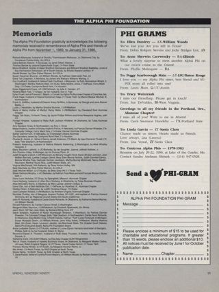 The Alpha Phi Foundation: Memorials, Spring 1990. The Alpha Phi Foundation: Phi Grams, Spring 1990