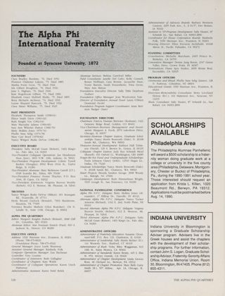 The Alpha Phi International Fraternity Directory, Spring 1990. Scholarships Available, Spring 1990. Indiana University Advertisement, Spring 1990