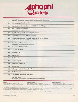 Alpha Phi Quarterly, Vol. CII, No. 3, Summer 1990 Table of Contents