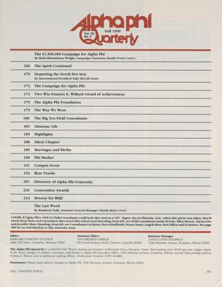 Alpha Phi Quarterly, Vol. CII, No. 4, Fall 1990 Table of Contents