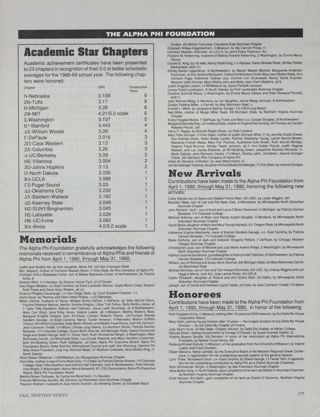 The Alpha Phi Foundation: Academic Star Chapters, Fall 1990. The Alpha Phi Foundation: Memorials, Fall 1990. The Alpha Phi Foundation: New Arrivals, Fall 1990. The Alpha Phi Foundation: Honorees, Fall 1990