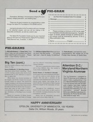 The Alpha Phi Foundation: Send a Phi-Gram, Fall 1990. The Alpha Phi Foundation: Phi-Grams, Fall 1990. The Big Ten, Continued. Attention D.C./Maryland/Northern Virginia Alumnae. Happy Anniversary, Fall 1990
