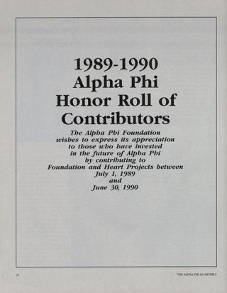 1989-1990 Alpha Phi Honor Roll of Contributors