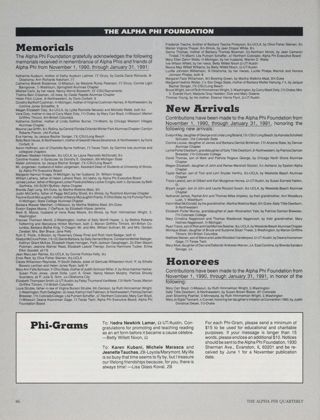 The Alpha Phi Foundation: Memorials, Spring 1991. The Alpha Phi Foundation: New Arrivals, Spring 1991. The Alpha Phi Foundation: Honorees, Spring 1991. The Alpha Phi Foundation: Phi-Grams, Spring 1991